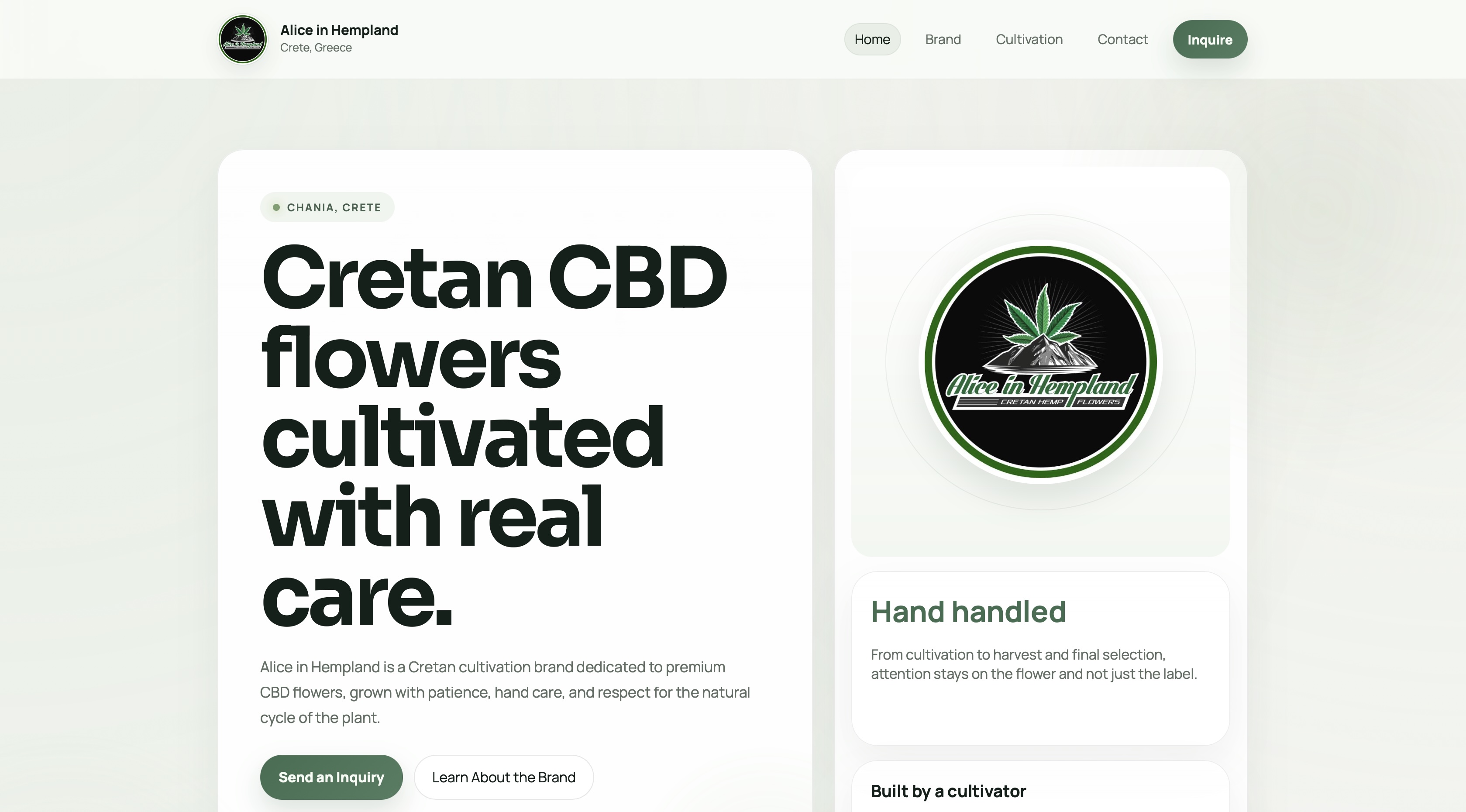 Alice in Hempland website preview showing restrained cultivation-led product storytelling