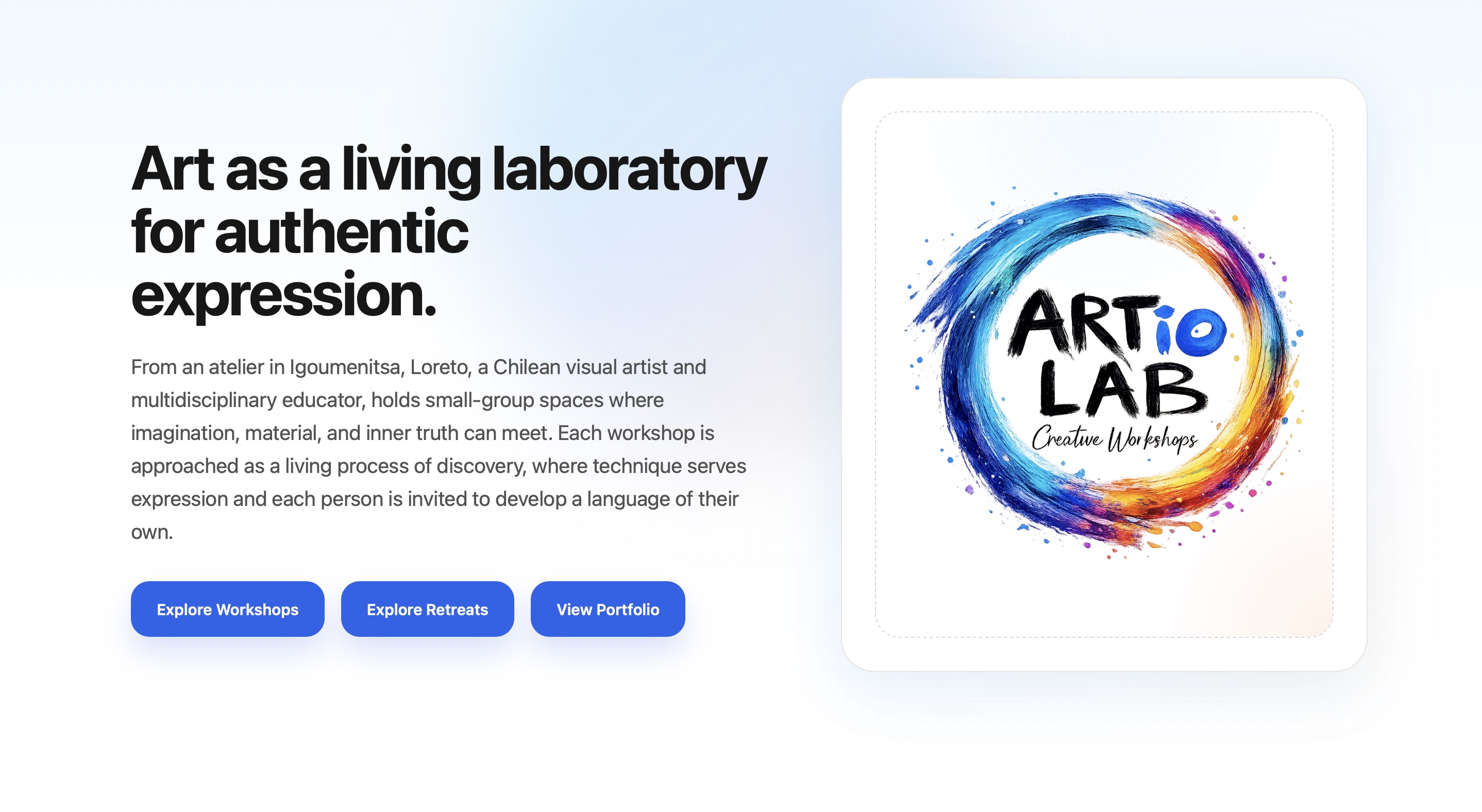 ARTio LAB website preview showing editorial workshop and retreat presentation with integrated booking flow
