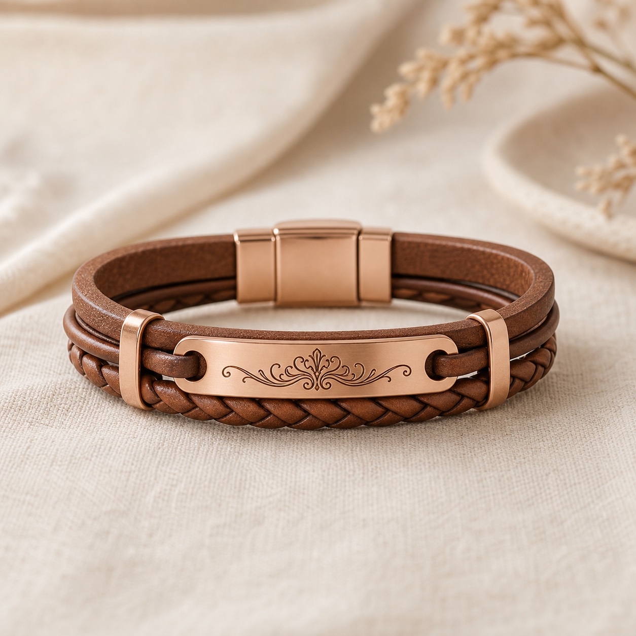 Debbie Design Co. live shop preview showing a handmade engraved leather bracelet