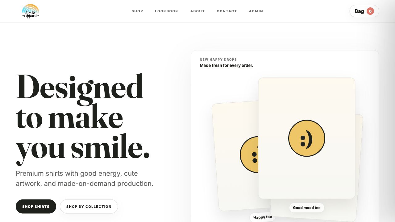 Smile Apparel storefront preview showing a clean fashion shop hero with smile graphic product cards