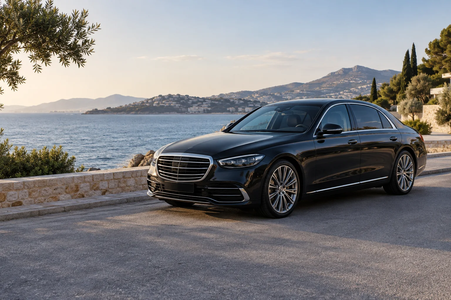 Helios chauffeur car beside the coast